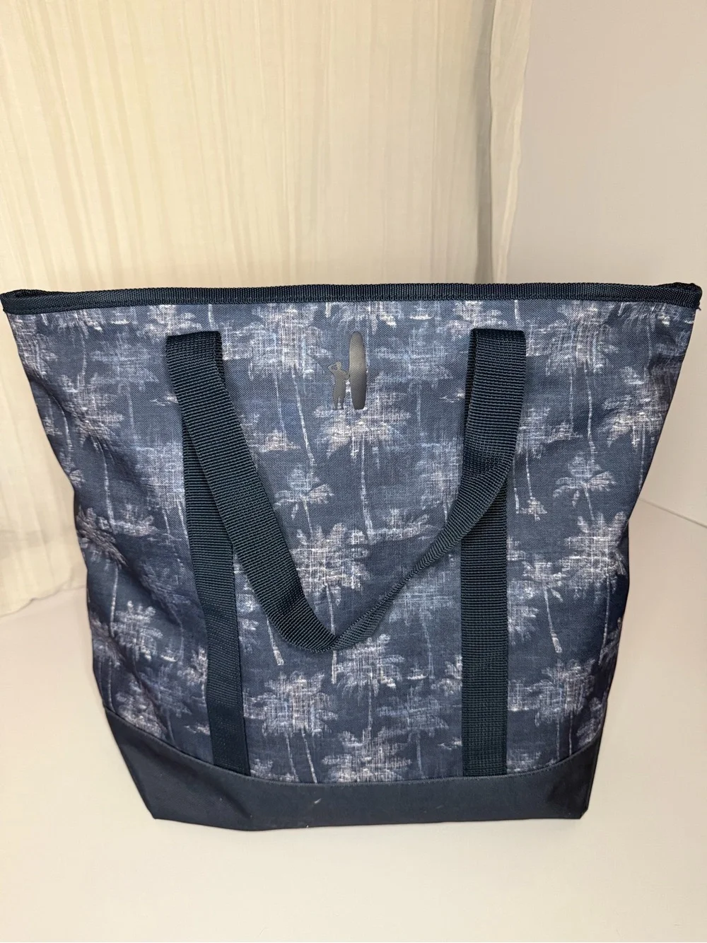 Navy Palm-Print Canvas Tote Bag